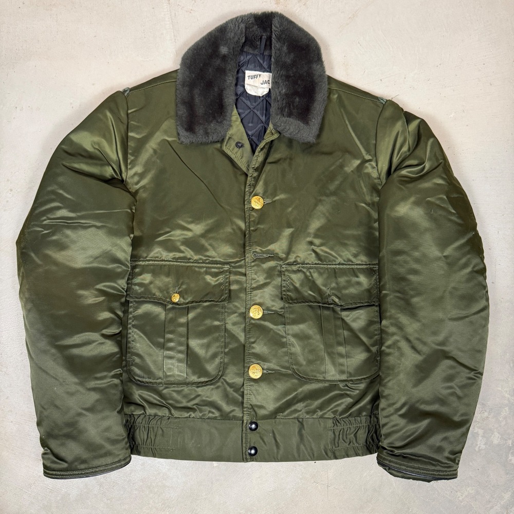 Vintage Tuffy Jac Mens Green Nylon Flight Bomber Jacket Faux Fur Collar Size 40L
